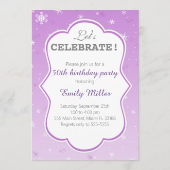 Winter Purple Snowflake Invitation Adult Birthday by pinkthecatdesign at Zazzle