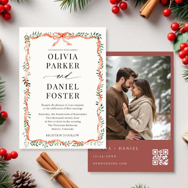 Winter QR Code Photo Red Ribbon & Bow Wedding Invitation (Creator Uploaded)