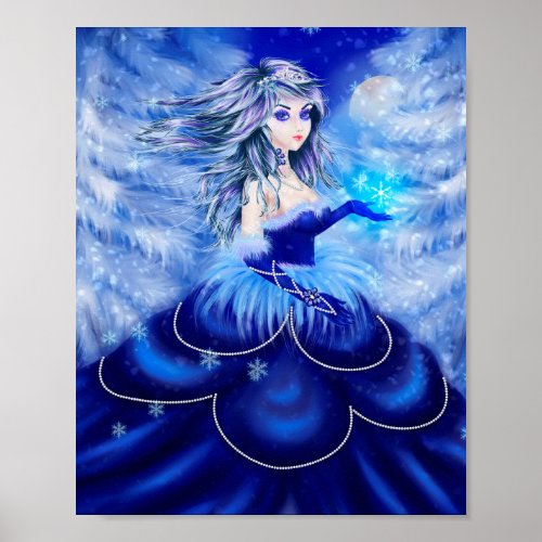 Winter queen in blue dress in the snowy forest poster
