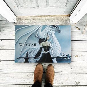 Winter Queen White Dragon Fantasy Doormat