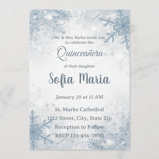 Winter Quinceañera Invitation – Snowflakes, Silver (Front)
