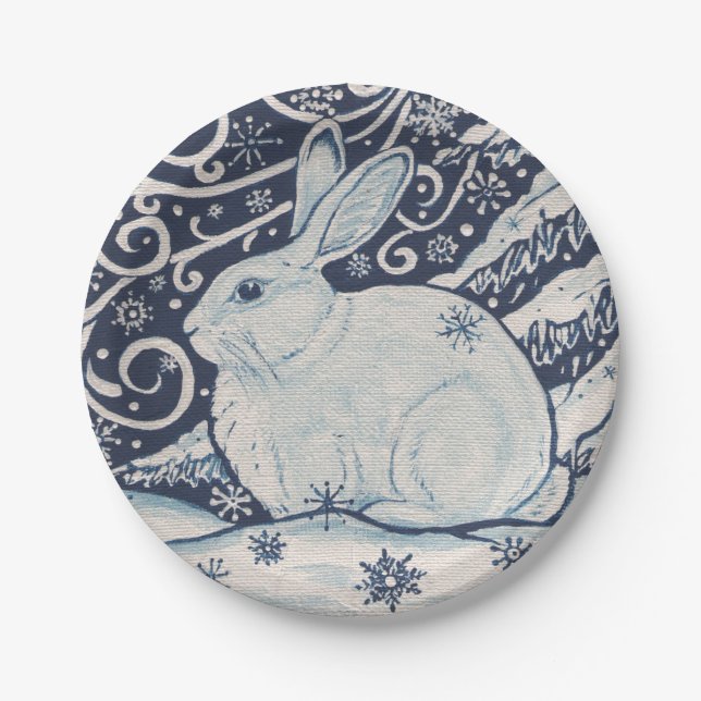 Winter Rabbit Blue & White Delft Dedham Paper Plates (Front)