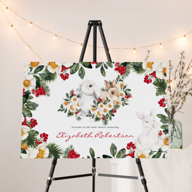 Winter Rabbit Floral | Baby Shower Welcome Foam Board (In Situ (Stand))