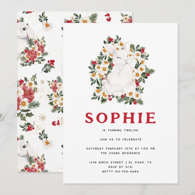 Winter Rabbit Floral | Birthday Party Invitation (Front/Back)