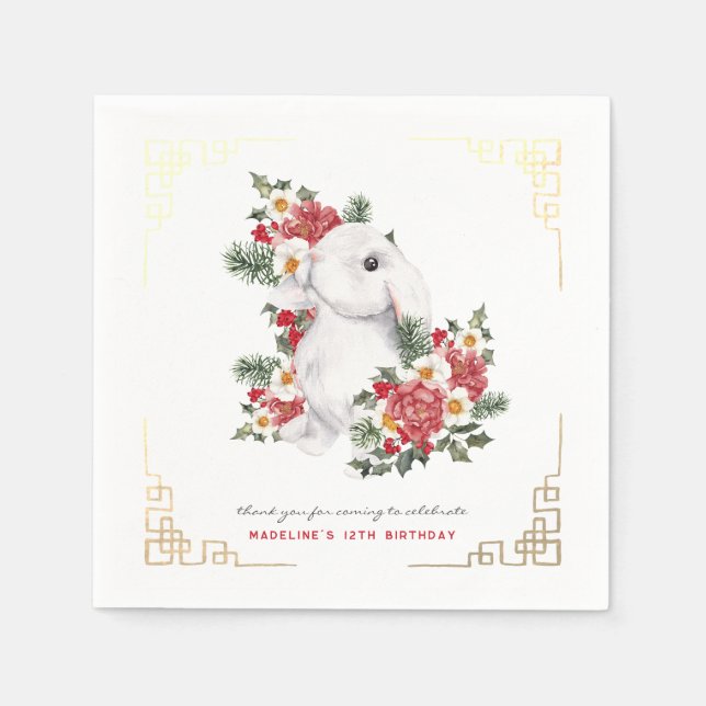 Winter Rabbit Floral | Birthday Party Napkins (Front)