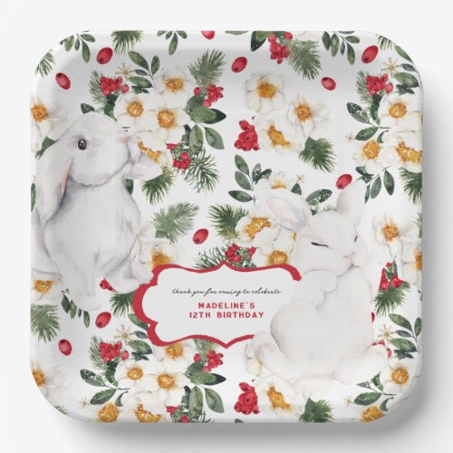 Winter Rabbit Floral  Birthday Party Paper Plates