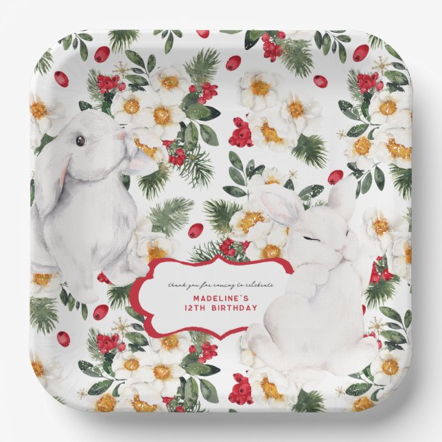 Winter Rabbit Floral | Birthday Party Paper Plates (Front)