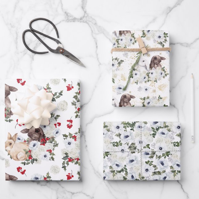 Winter Rabbit Floral | Chinese New Year  Wrapping Paper Sheets (Front)