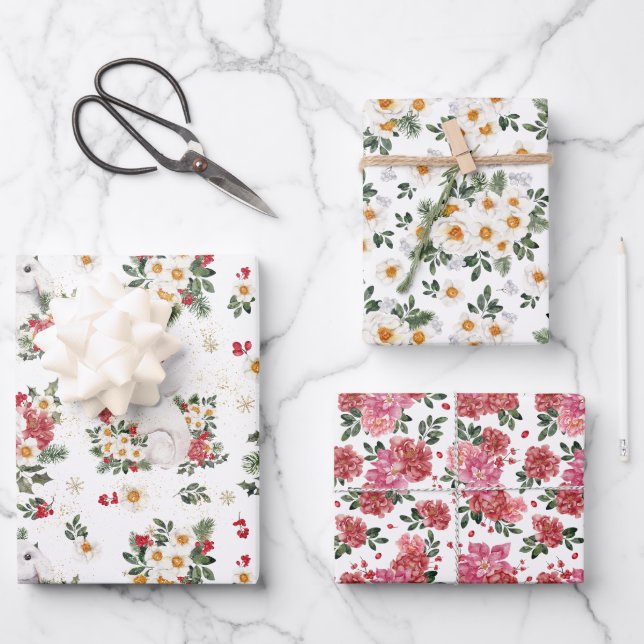 Winter Rabbit Floral | Chinese New Year  Wrapping Paper Sheets (Front)