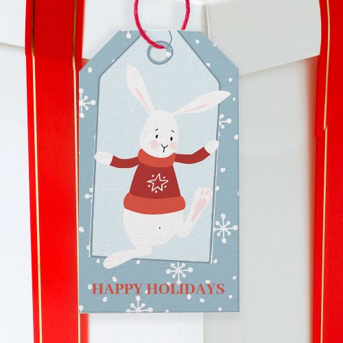 Winter rabbit Happy Holidays cute modern blue Gift Tags