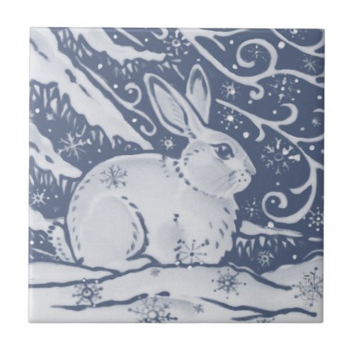 Winter Rabbit Hare Snow Denim Blue Dedham Delft Ceramic Tile