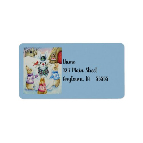 Winter Rabbits Building Snowbunny Watercolor Art Label