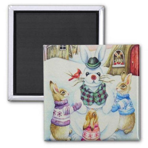 Winter Rabbits Building Snowbunny Watercolor Art Magnet