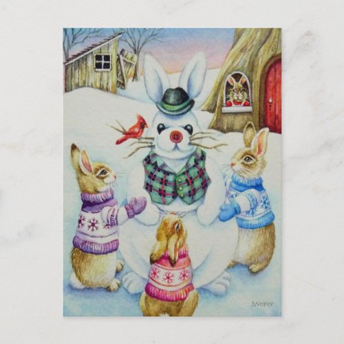 Winter Rabbits Building Snowbunny Watercolor Art Postcard