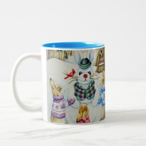 Winter Rabbits Building Snowbunny Watercolor Art Two_Tone Coffee Mug