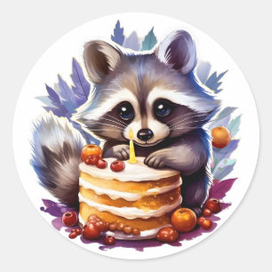 Winter Raccoon with a 1th Birthday cake Classic Round Sticker