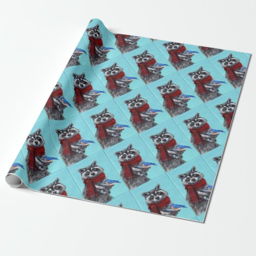 Winter Raccoon with Bluebird Wrapping Paper