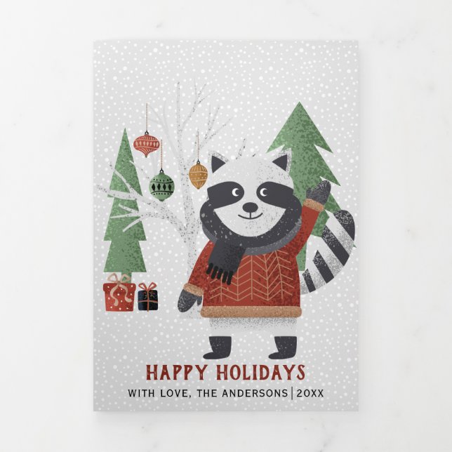 Winter racoon and trees Christmas multi photo Tri-Fold Holiday Card (Cover)