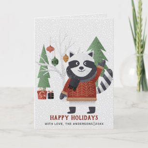Winter racoon and trees Christmas photo folded Holiday Card