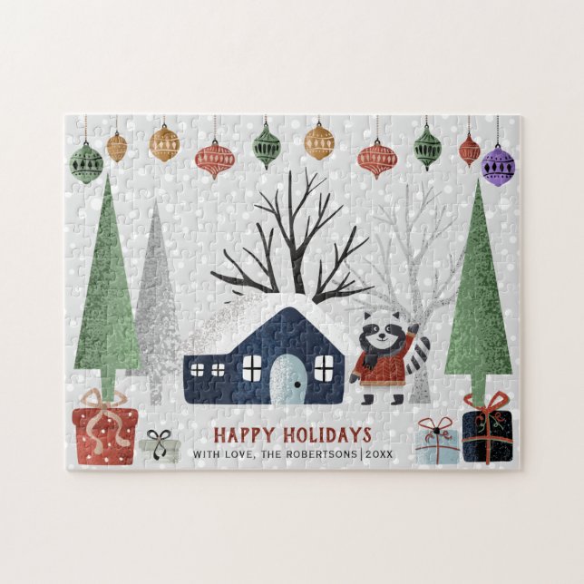 Winter racoon and trees Happy holidays Christmas Jigsaw Puzzle (Horizontal)