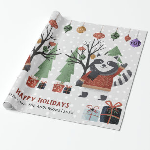Winter racoon and trees Happy holidays Christmas Wrapping Paper