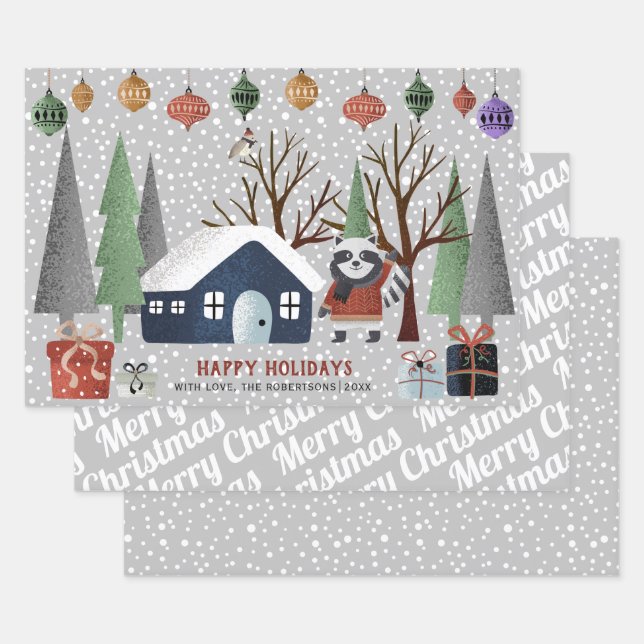 Winter racoon, Merry Christmas and snowflakes Wrapping Paper Sheets (Set)