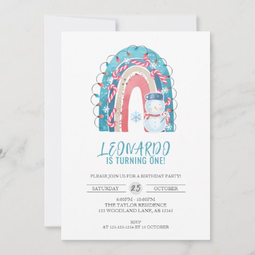 Winter Rainbow Arch Christmas 1st Birthday Invitation