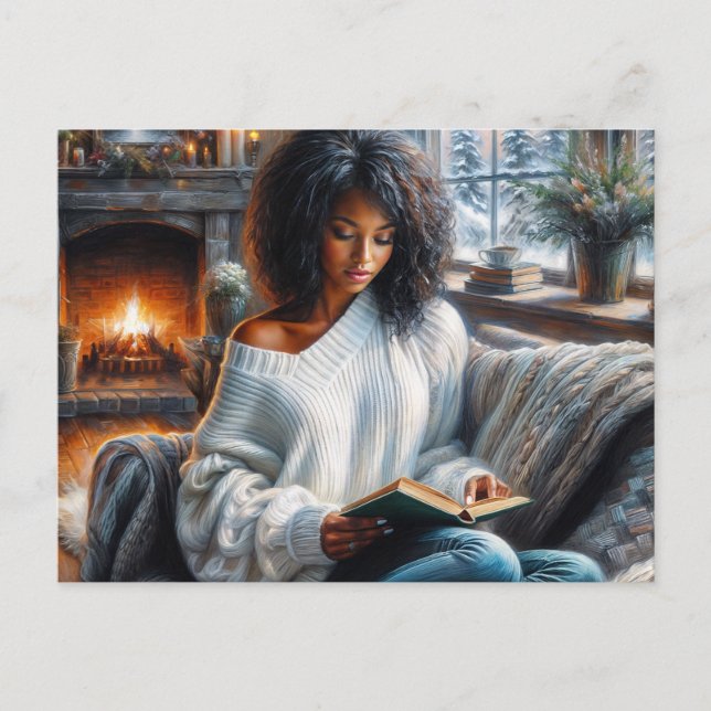 Winter Reading Black Woman Cozy Art Postcard (Front)