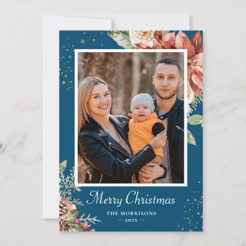 Winter Red and Blue Floral Christmas Family Photo Holiday Card