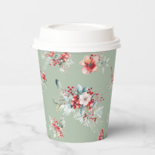 Winter Red and Green Floral Bridal Shower Paper Cups
