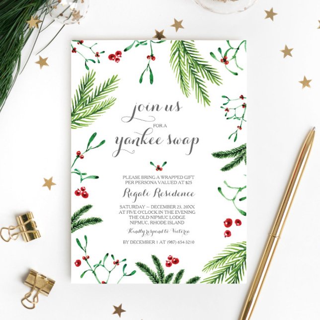 Winter Red and Green Pine Berries Yankee Swap Invitation (Yankee swap invitations )