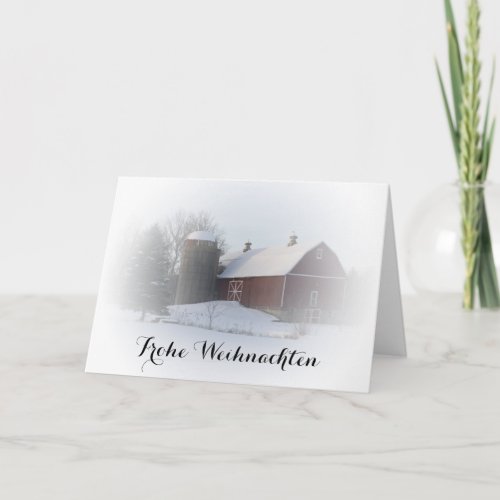 Winter Red Barn Frohe Weihnachten German Christmas Holiday Card