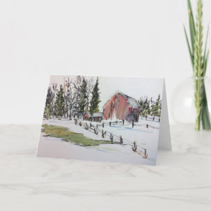 Winter Red Barn Watercolor Landscape Letterpress Thank You Card
