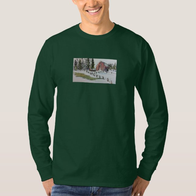 Winter Red Barn watercolor long sleeved t shirt  (Front)