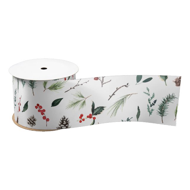 Winter Red Berries Botanical Watercolor Christmas Satin Ribbon (Spool)