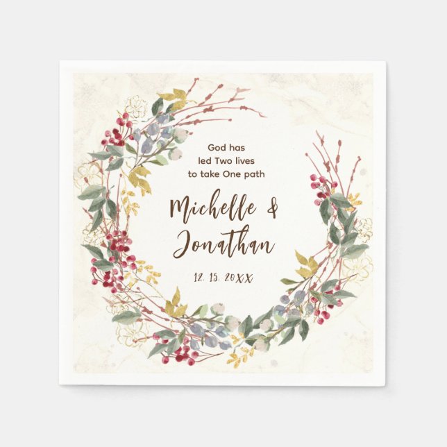 Winter Red Berries Botanical Wreath Wedding Napkins (Front)