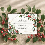 Winter Red Berries Christmas Greenery Wedding RSVP Card<br><div class="desc">Featuring a delicate gold geometric frame encircling a lush watercolor wreath adorned with vibrant winter red berries, and greenery, this design combines seasonal charm with timeless elegance. The classic serif and festive red script typography create a perfect balance of sophistication and holiday cheer, making it ideal for Christmas themed weddings....</div>