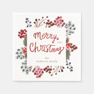 winter red berries Merry Christmas Napkins