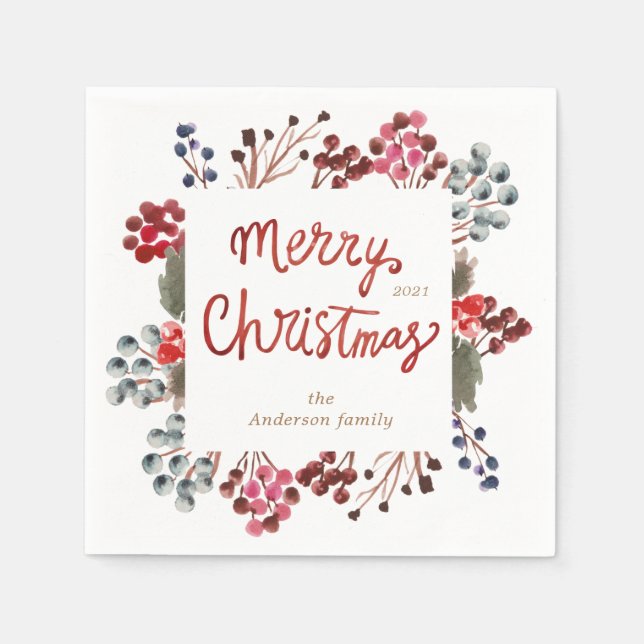 winter red berries Merry Christmas Napkins (Front)