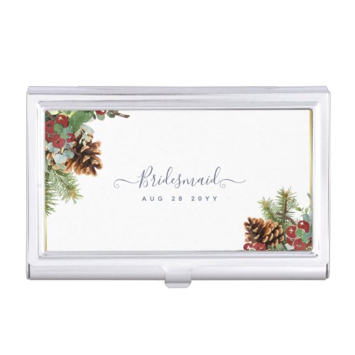 Winter Red Berries Pine Cones Wedding Business Card Case