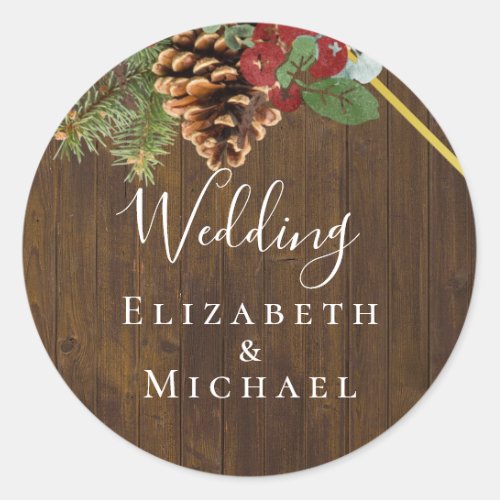 Winter Red Berries Pine Cones Wedding Classic Round Sticker