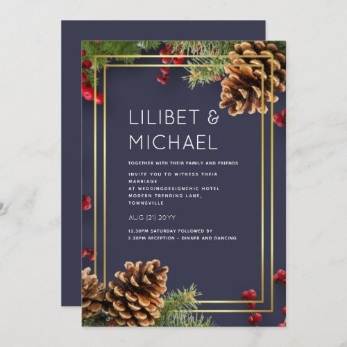 Winter Red Berries Pine Cones Wedding Invitation