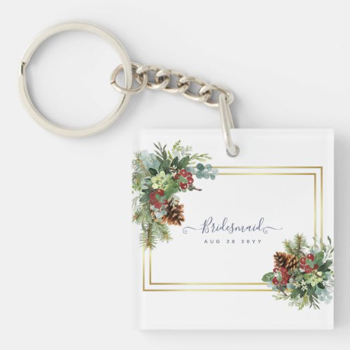 Winter Red Berries Pine Cones Wedding Keychain