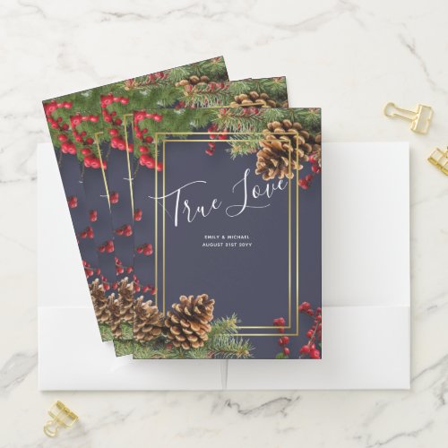 Winter Red Berries Pine Cones Wedding Pocket Folder