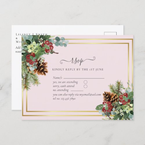 Winter Red Berries Pine Cones Wedding Postcard