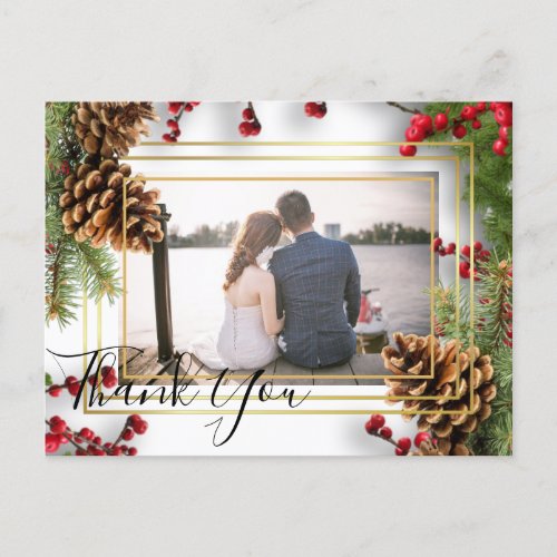 Winter Red Berries Pine Cones Wedding Postcard