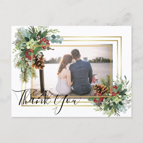 Winter Red Berries Pine Cones Wedding Postcard