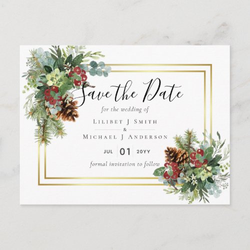 Winter Red Berries Pine Cones Wedding Postcard