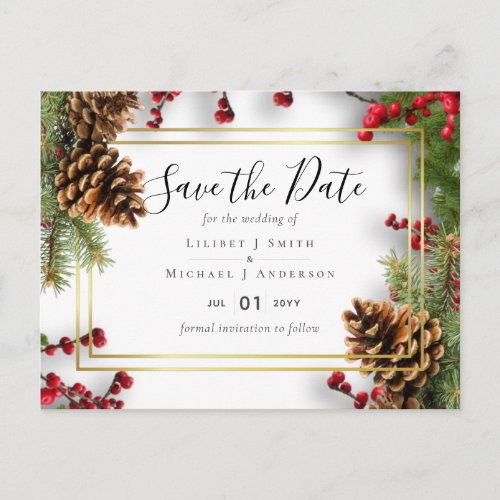 Winter Red Berries Pine Cones Wedding Postcard