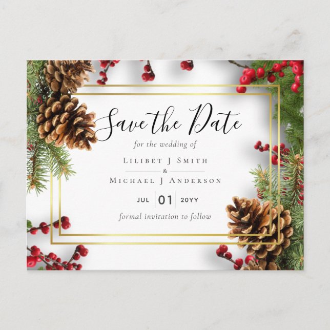 Winter Red Berries Pine Cones Wedding Postcard (Front)